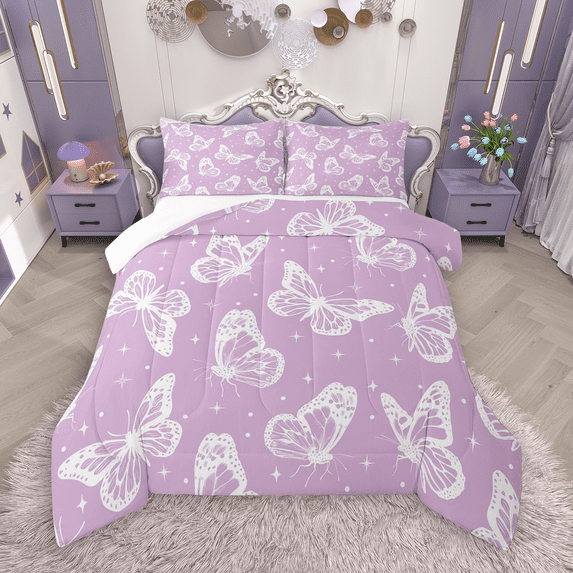 Manfei Purple White Butterfly Queen Comforter Set 3 Pieces for Girls, Animal Theme Bedding Sets, Cartoon Wildlife Bedding Comforter Set, Super Cozy Room Decor