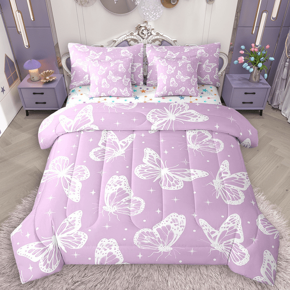 Manfei Purple White Butterfly Twin Bedding Sets 7pcs for Girls, Animal Theme Bedding Comforter Set, Cartoon Wildlife Sheet Sets, Super Cozy Room Decor
