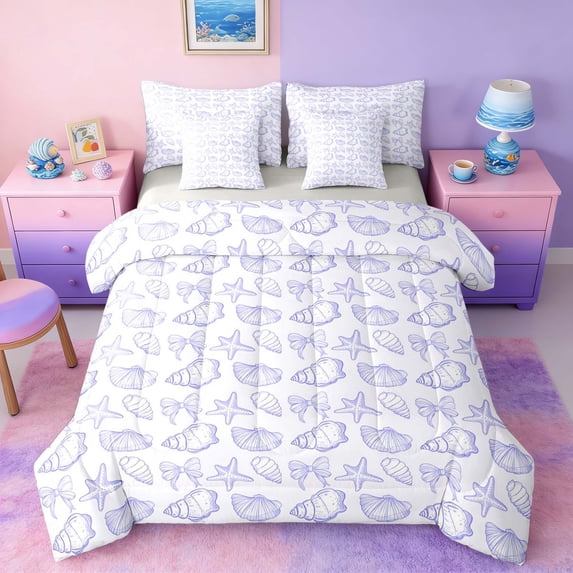 Manfei Purple White Seashell Bow Starfish Twin Bedding Sets for Kids Girls, Cartoon Sealife Bedding Comforter Set, Gray Reversible 7 Pieces
