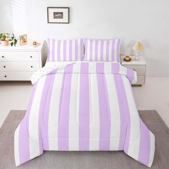 Manfei Purple White Stripes Full Size Comforter Sets,Geometric Striped Bedding Comforter Set,Abstract Geometric Lines Bedding Sets For Children,Breathable Home Decor Reversible,3 Pieces