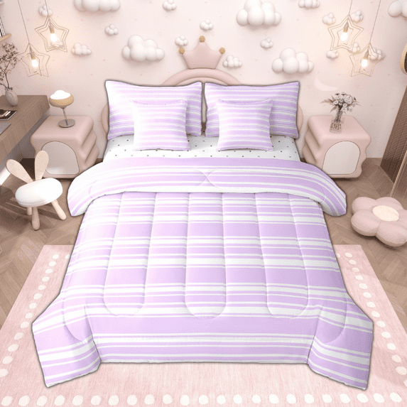 Manfei Purple White Twin Bedding Sets 7pcs, Geometric Stripe Bedding Comforter Set, Modern Minimalsit Sheet Sets, Luxury Bedroom Decor