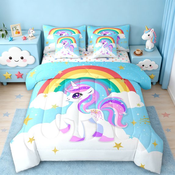 Manfei Purple White Unicorn 7-Piece Bedding Comforter Set,Fairy Tale Theme King Bedding Sets,Cute Cartoon Animal Bed Sheets For Teens,Microfiber Bedroom Decor Reversible