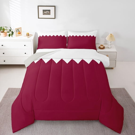Manfei Qatar Flag Queen Comforter Set,Red White Comforter Sets Queen,Light Gray Reversible,3-Piece,1 Comforter and 2 Pillowcases