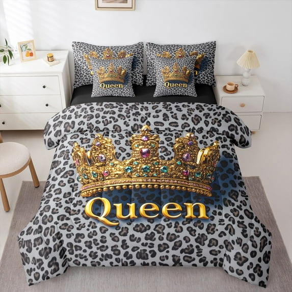 Manfei Queen Gold Crown Bedding Comforter Set 7 Pieces, Cheetah Leopard Print Full Bedding Set, Simple Fashion Reversible Fitted Sheet Flat Sheet, Breathable Home Decor