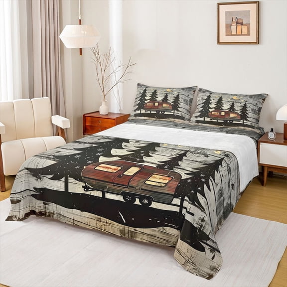 Manfei RV Car 4 Pieces Queen Sheet Sets for Female Men,Rustic Cabin Ultra Soft Flat Sheet,Happy Camping Queen Fitted Sheet,Microfiber Bedroom Decor
