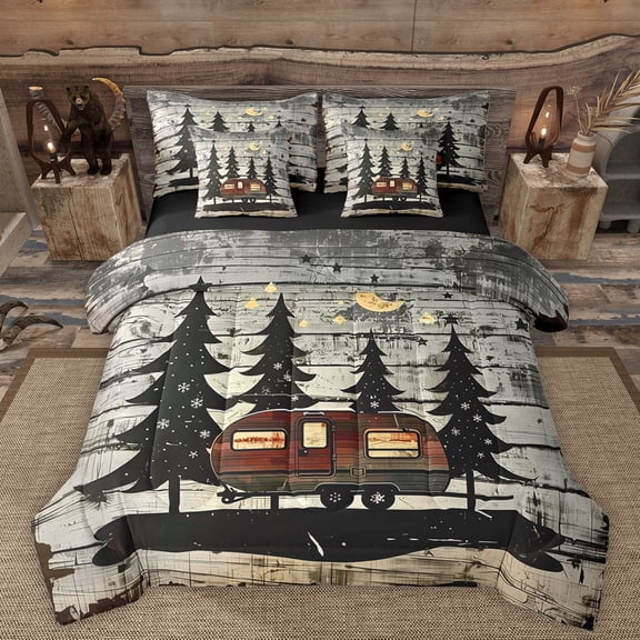 Manfei RV Car Bedding Comforter Set 7-Piece for Female Men,Rustic Cabin King Bedding Sets,Happy Camping Ultra Soft Bed Sheets,Microfiber Bedroom Decor,Reversible