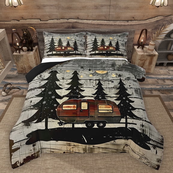 Manfei RV Car Full Size Comforter Sets 3-Piece for Female Men,Rustic Cabin Bedding Comforter Set,Happy Camping Lightweight Bedding Sets,Microfiber Bedroom Decor,Reversible