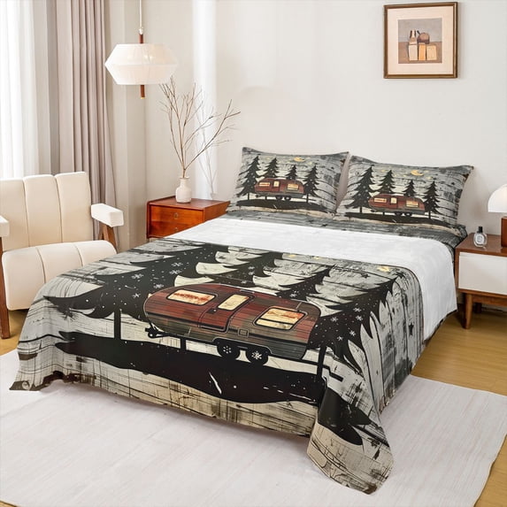 Manfei RV Car Twin Sheet Sets 3pcs for Female Men,Rustic Cabin Twin Fitted Sheet Microfiber,Happy Camping Breathable Flat Sheet,Microfiber Bedroom Decor
