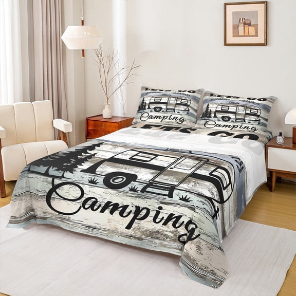 Manfei RV Car Twin Sheet Sets 3pcs for Female Men,Rustic Cabin Twin Fitted Sheet Microfiber,Happy Camping Breathable Flat Sheet,Microfiber Bedroom Decor