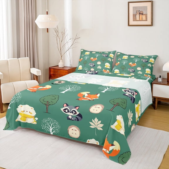 Manfei Raccoon Fox Hedgehog Bed Sheets,Cute Zoo Animal King Sheets,Jungle Wlidlife Sheet Set For Kids,Luxury Bedroom Decor,4pcs