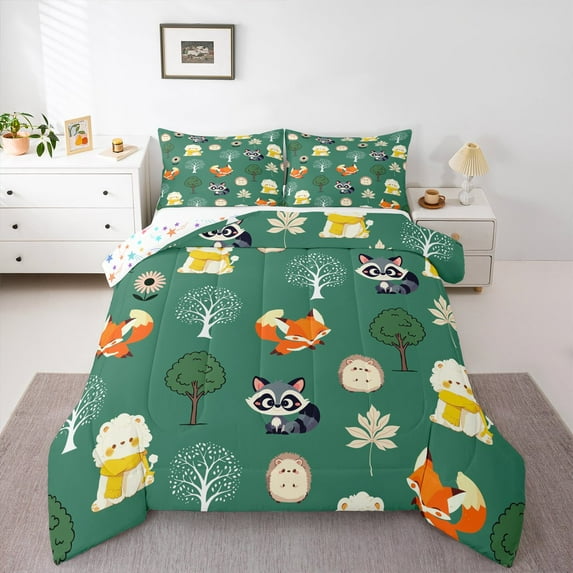 Manfei Raccoon Fox Hedgehog Bedding Comforter Set,Cute Zoo Animal Twin Comforter Sets,Jungle Wlidlife Bedding Set For Kids,Luxury Bedroom Decor Reversible,2pcs