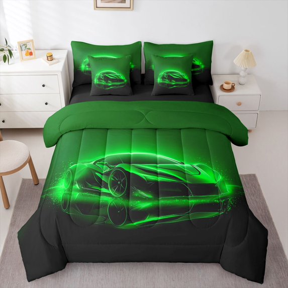 Manfei Race Car 7 Pieces Full Size Bedding Sets,Green Neon Light Print Full Size Bed in a Bag,Black Reversible
