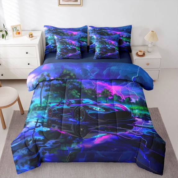Manfei Race Car 7pcs Queen Bedding,Colourful Sky Bedding Comforter Set Queen,Navy Blue Reversible
