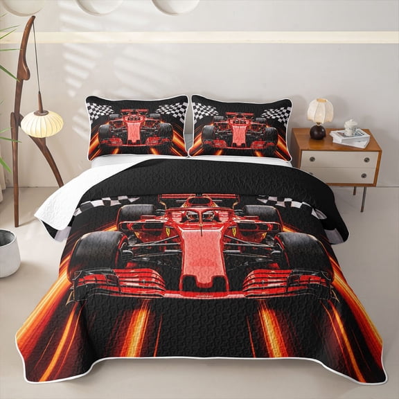 Manfei Race Car Bed Spread Queen,Abstract Race Art Queen Coverlet Set,Red,3-Piece