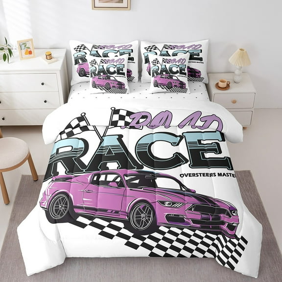Manfei Race Car Bedding Comforter Set 7pcs,Extreme Sports Queen Bedding Sets,Purple White Black Queen Sheet Sets For Boys Teens,Breathable Home Decor,Reversible