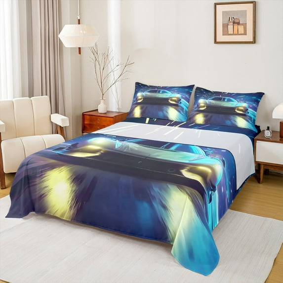 Manfei Race Car Full Size Sheets,Boys Eatreme Sport Game Bed Sheets,Blue Yellow Sheet Sets For Child,Microfiber Bedroom Decor,4 Pieces