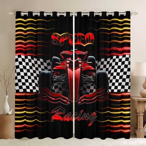 Manfei Race Car Kitchen Curtains,Classic Sports Print Black Out Curtains Pack of 2 (42x63 Each),Yellow Red