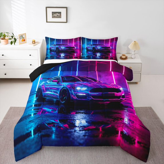 Manfei Race Car Print Full Size Comforter Sets,Extreme Games Bedding Comforter Set,Blue Pink,Black Reversible,3-Piece,1 Comforter and 2 Pillowcases
