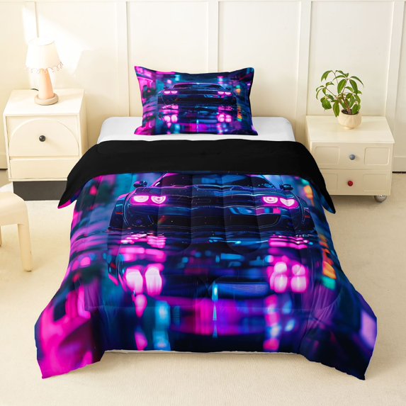 Manfei Race Car Print Twin Comforter Sets,Speed Games Bedding Set,Blue Pink,Black Reversible,2pcs,1 Comforter and 1 Pillowcase