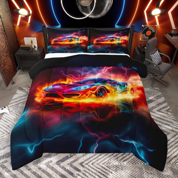 Manfei Race Car Queen Comforter Set,Kids Extreme Sport Bedding Sets,Orange Red Black Bedding Comforter Set For Boys,Luxury Bedroom Decor Reversible,3-Piece