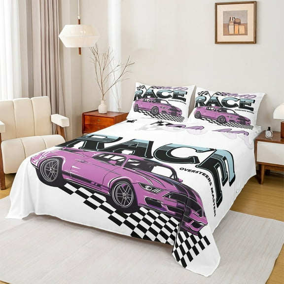 Manfei Race Car Queen Sheet Sets,Extreme Sports Flat Sheet,Purple White Black Queen Fitted Sheet For Boys Teens,Breathable Home Decor,4pcs