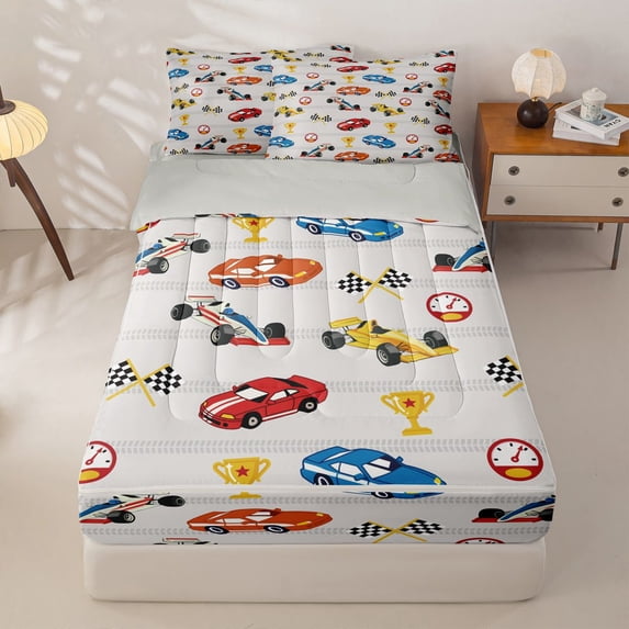 Manfei Race Car Zipper Twin Comforter Sets with Fitted Sheet and 2 Pillowcases,Cute Cartoon Toy Zipper Bedding Set,Red Blue,Light Gray Reversible,4pcs