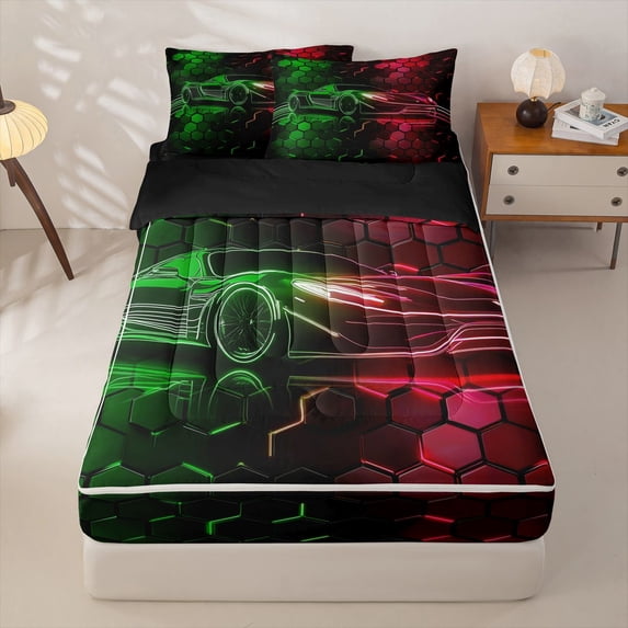 Manfei Race Car Zipper Twin Comforter Sets with Fitted Sheet and 2 Pillowcases,Geometric Hexagonal Art Zipper Bedding Set,Green Red,Black Reversible,4pcs