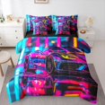 thumbnail image 1 of Manfei Racing Car 7-Piece King Bedding,Neon Light King Bed in a Bag,Pink Blue,Black Reversible, 1 of 7