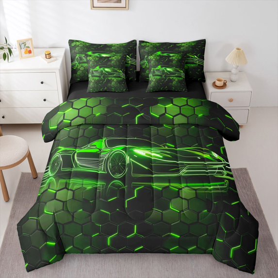 Manfei Racing Car 7 Pieces Full Size Bedding Sets,Modern Geometric Hexagonal Print Full Size Bed in a Bag,Green,Black Reversible