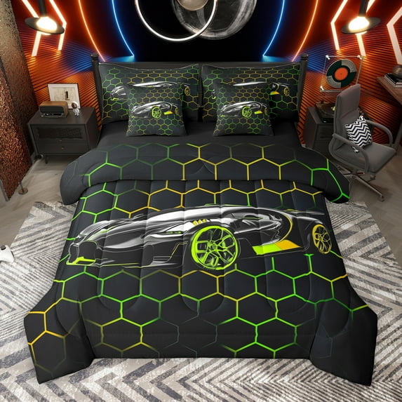 Manfei Racing Car 7pcs Bedding Comforter Set,Modern Geometric Hockeycomb Queen Bedding Sets,Green Black Queen Sheet Sets For Boys Kids,Ultra Soft Home Decor Reversible