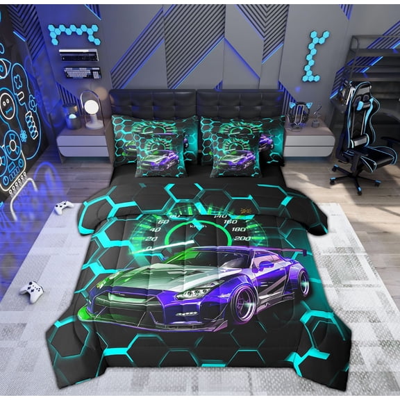 Manfei Racing Car Bedding Sets Full Size, Neon Cyan Bed in a Bag Full size, Futuristic Honeycomb Reversible Comforter Sets with Sheets, Super Cozy Room Decoration, 7 Pieces