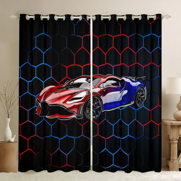 Manfei Racing Car Black Out Curtains,Modern Geometric Hockeycomb Curtains Pack of 2 (42x63 Each),Red Blue Black Bedroom Curtains For Boys Kids,Ultra Soft Home Decor