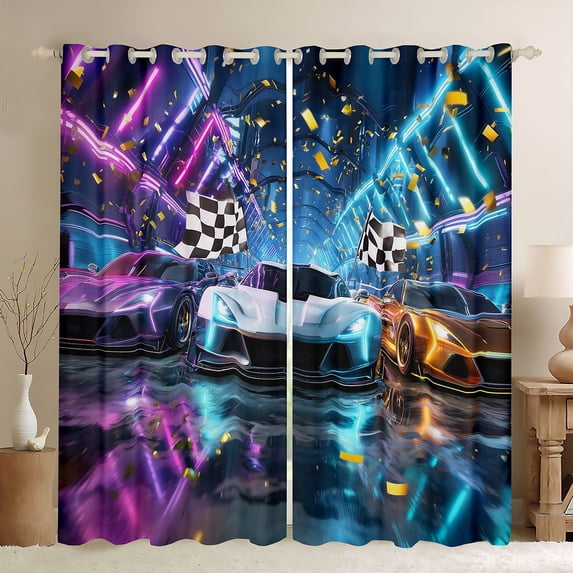 Manfei Racing Car Blackout Curtains,Neon Light Curtains Pack of 2 (42x84 Each),Blue Pink