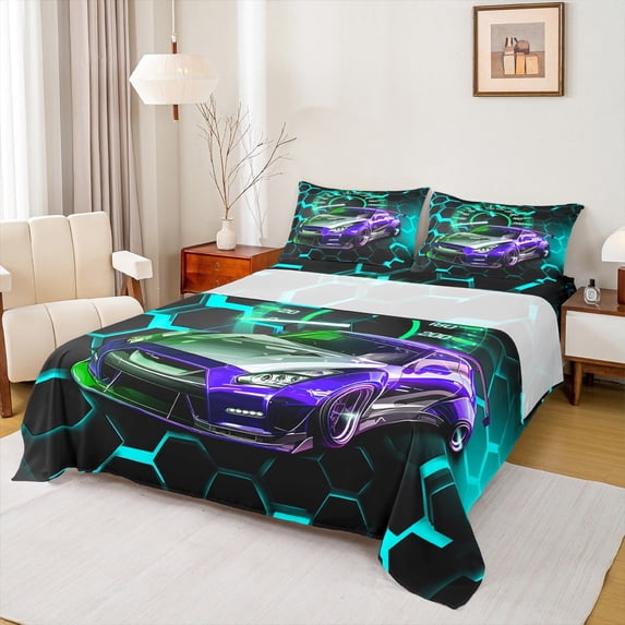 Manfei Racing Car Full Sheet Sets, Neon Cyan Sheet Set Full, Futuristic Honeycomb Bed Sheets Set Full Size, Super Cozy Room Decoration, 4 Pieces