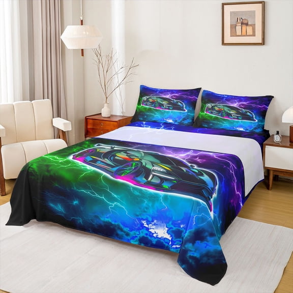 Manfei Racing Car Queen Sheets,Multicolor Lightning Print Queen Sheet Sets,4pcs,1 Flat Sheet, 1 Fitted Sheet and 2 Pillowcases