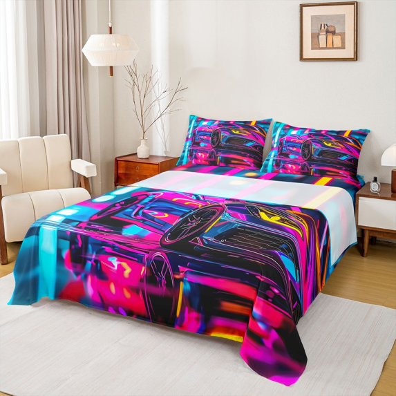 Manfei Racing Car Queen Sheets,Neon Light Queen Sheet Sets,Pink Blue,4-Piece,1 Flat Sheet, 1 Fitted Sheet and 2 Pillowcases