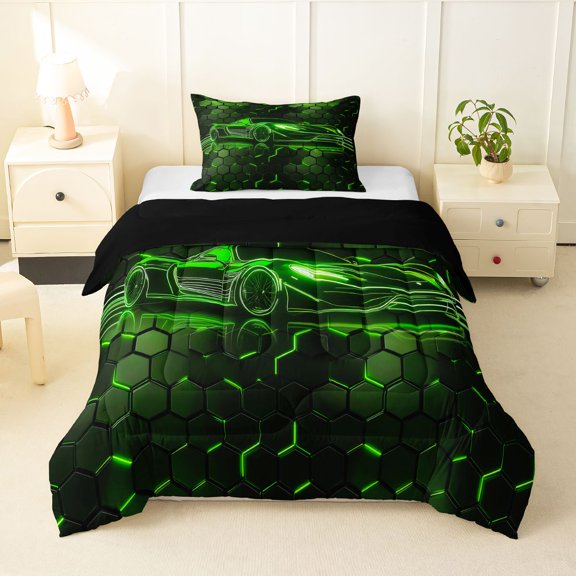 Manfei Racing Car Twin Comforter Sets,Modern Geometric Hexagonal Print Bedding Set,Green,Black Reversible,2pcs,1 Comforter and 1 Pillowcase