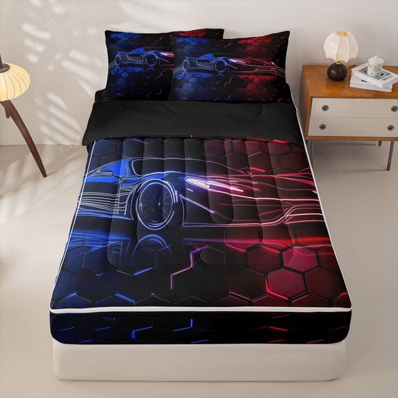 Manfei Racing Car Zipper Twin Comforter Sets with Fitted Sheet and 2 Pillowcases,Abstract Geometric Hexagonal Pattern Zipper Bedding Set,Red Blue,Black Reversible,4pcs