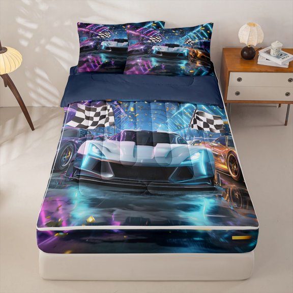 Manfei Racing Car Zipper Twin Comforter Sets with Fitted Sheet and 2 Pillowcases,Neon Light Zipper Bedding Set,Blue Pink,Navy Blue Reversible,4pcs