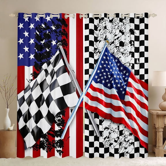 Manfei Racing Checkered Flag Kitchen Curtains, American Flag Black Out Curtains Pack of 2 (42x63 Each), Black White Red Blue