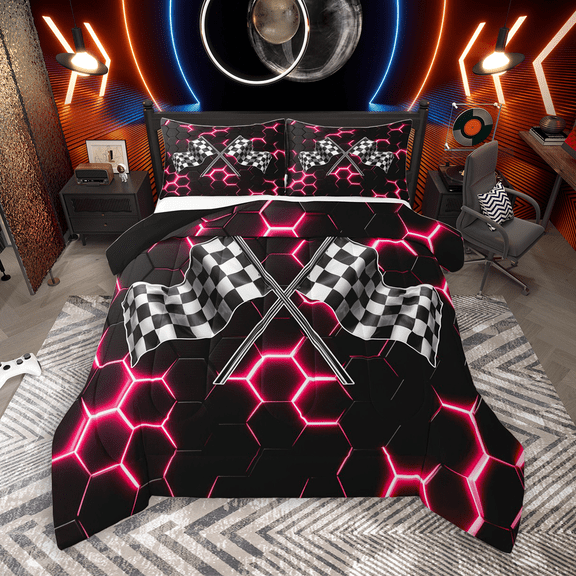 Manfei Racing Flag Bedding Comforter Set 2pcs for Boys, Neon Pink Honeycomb Twin Comforter Sets, Black White Plaid Bedding Set, Lightweight Room Decor