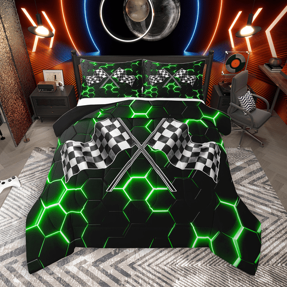 Manfei Racing Flag Bedding Comforter Set 2pcs for Boys, Neon Green Honeycomb Twin Comforter Sets, Black White Plaid Bedding Set, Luxury Bedroom Decor