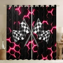 Manfei Racing Flag Black Out Curtains for Boys, Neon Pink Honeycomb Curtains Pack of 2 (42x63 Each), Black White Plaid Bedroom Curtains, Luxury Room Decor