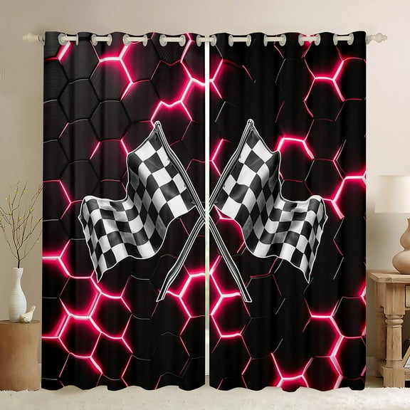 Manfei Racing Flag Black Out Curtains for Boys, Neon Pink Honeycomb Curtains Pack of 2 (42x63 Each), Black White Plaid Bedroom Curtains, Luxury Room Decor