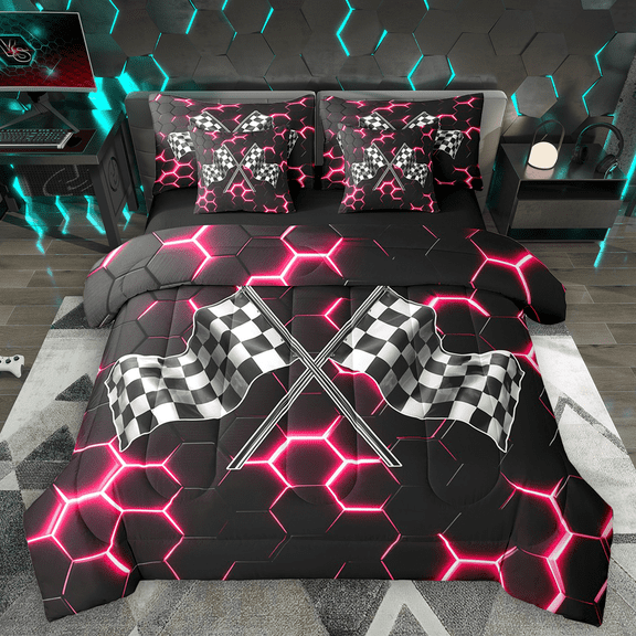 Manfei Racing Flag Twin Bedding Sets 7pcs for Boys, Neon Pink Honeycomb Bedding Comforter Set, Black White Plaid Sheet Sets, Lightweight Room Decor