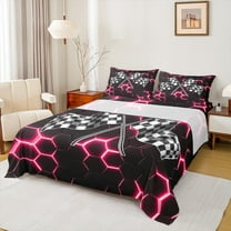 Manfei Racing Flag Twin Sheet Sets 3pcs for Boys, Neon Pink Honeycomb Twin Fitted Sheet, Black White Plaid Flat Sheet, Lightweight Room Decor