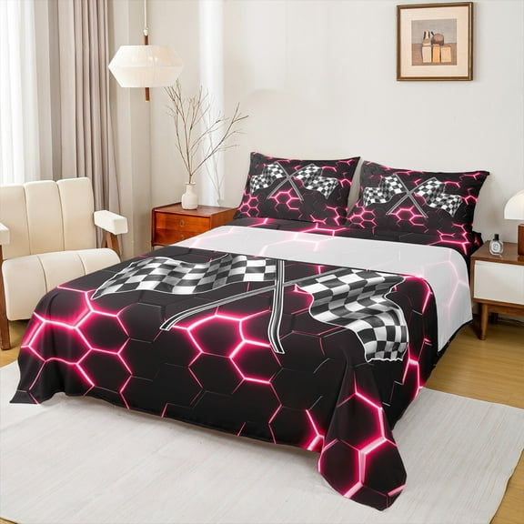 Manfei Racing Flag Twin Sheet Sets 3pcs for Boys, Neon Pink Honeycomb Twin Fitted Sheet, Black White Plaid Flat Sheet, Lightweight Room Decor