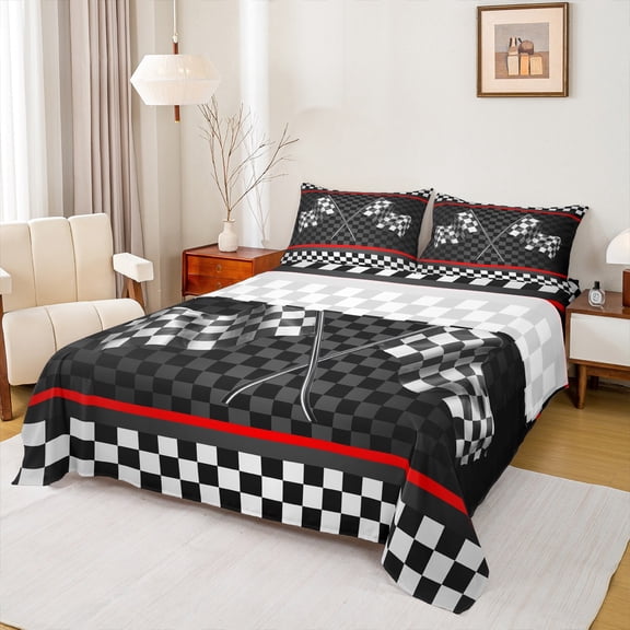 Manfei Racing Flag Twin Sheet Sets,Speed Sport Twin Fitted Sheet,White Black Plaid Flat Sheet For Boys Teens,Super Cozy Room Decor,3 Pieces