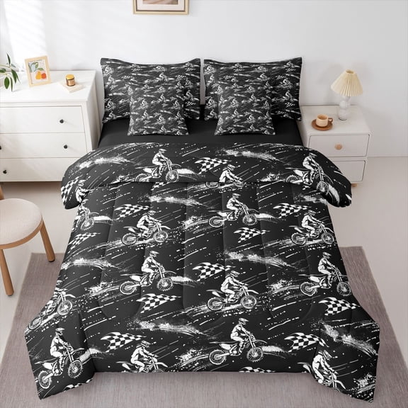 Manfei Racing Motocross 7-Piece Twin Bedding,Grid Print Bedding Comforter Set,Black,Black Reversible