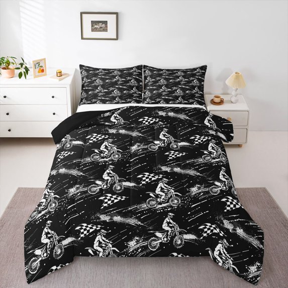 Manfei Racing Motocross Queen Comforter Set,Grid Print Comforter Sets Queen,Black,Black Reversible,3 Pieces,1 Comforter and 2 Pillowcases